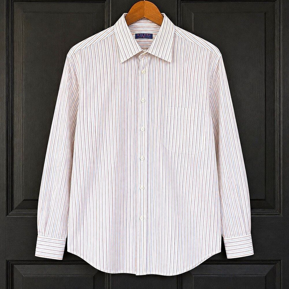 Milena Striped 100% Cotton Dress Shirt 15.5/37 White Blue Brown